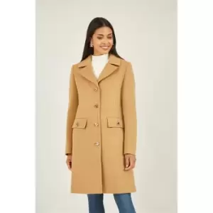 Yumi Camel Military Button Through Coat - Beige