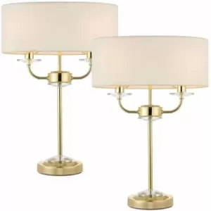 2 pack Twin Light Table Lamp 2 Bulb Brass & White Shade Crystal Trim Bedside