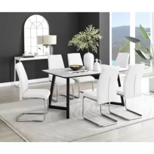 Furniturebox UK - Furniturebox Carson White Marble Effect Rectangular 160cm Dining Table & 6 White Lorenzo Faux Leather Chairs