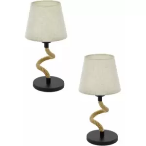 2 pack Table Lamp Desk Light Black Base & Rope Stem / Creme Shade 1x 28W E27