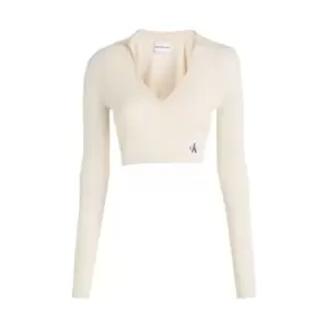 Calvin Klein Jeans Label Tight Crop V-Neck Sweater - White