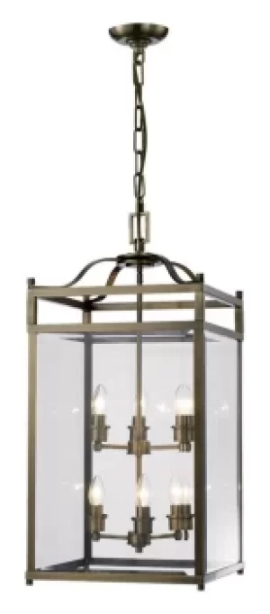 Aston Ceiling Pendant Lantern 6 Light Antique Brass, Glass