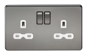 KnightsBridge 2G DP 13A Screwless Black Nickel 230V UK 3 Pin Switched Electric Wall Socket - White Insert