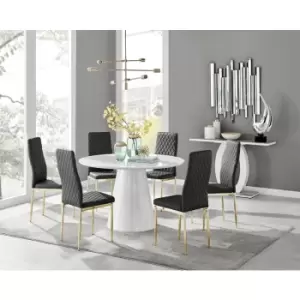 Furniturebox Palma White High Gloss 6 Seat Minimalist Post Modern Round Dining Table & 6 Black Milan Gold Leg Faux Leather Chairs