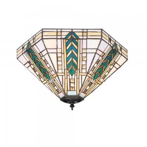 2 Light Medium Ceiling Flush Light Dark Bronze, Tiffany Glass, E27