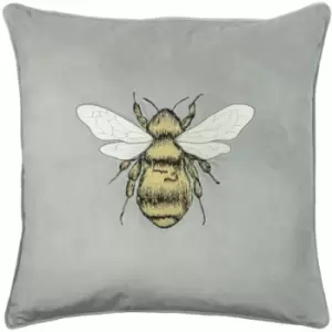 Paoletti Hortus Bee Embroidered Velvet Piped Edge Cushion Cover, Silver Grey, 50 x 50 Cm