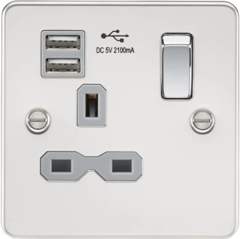 KnightsBridge Flat plate 13A 1G switched socket with dual USB charger (2.1A) - polished chrome with grey insert