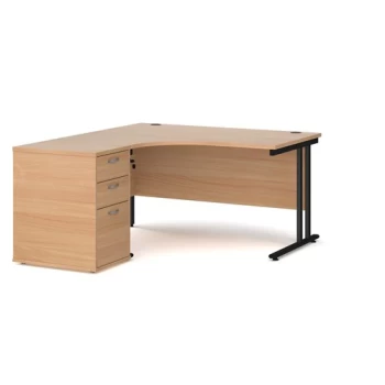 Office Desk Left Hand Corner Desk 1400mm With Pedestal Beech Top With Black Frame Maestro 25