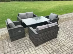 Fimous 6 Seater Outdoor Dark Grey Rattan Lounge Complete Sofa Set with Regular Adjustable Dining Table