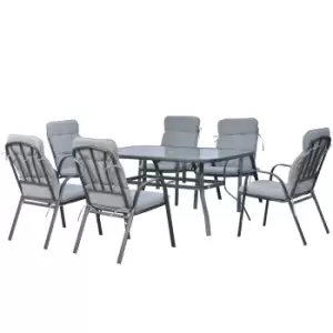 Outsunny 7Pieces Garden Dining Set, Outdoor Dining Table and 6 Cushioned Armchairs, Tempered Glass Top Table w/ Umbrella Hole, Texteline Seats, Black