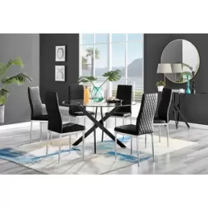 Furniture Box Novara Black Leg 120Cm Round Glass Dining Table and 6 Black Velvet Milan Chairs