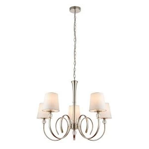 5 Light Multi Arm Shade Pendant Polished Nickel Plate, Vintage White Silk, E14