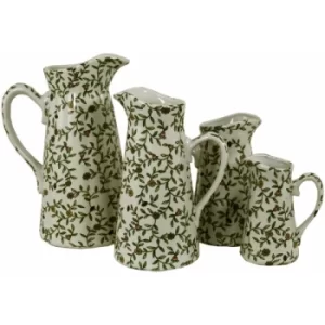 Set of 4 Ceramic Jugs, Vintage Green & White Floral Design