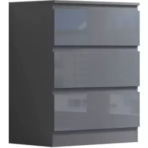 Stora Modern 3 Drawer Chest of Drawers Grey Gloss Matt Frame - Grey Gloss