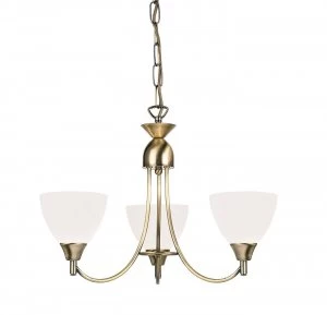 3 Light Multi Arm Ceiling Pendant Antique Brass, Opal Glass, E14