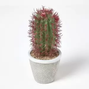 Homescapes - Denmoza Artificial Cactus with Flowers in Patterned Pot, 25cm Tall - Green