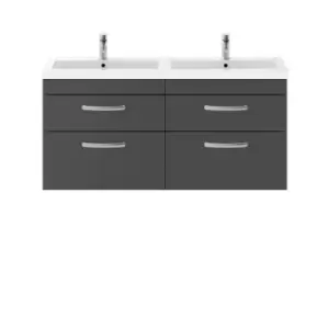 Nuie Athena 1200 Wall Hung 4-drawer Vanity & Polymarble Double Basin - Gloss Grey