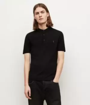 AllSaints Mens Merino Wool Slim Fit Mode Short Sleeve Polo Shirt, Black, Size: XL