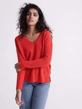 Superdry Edit V-neck Premium Knitted Jumper - Red, Size 8, Women