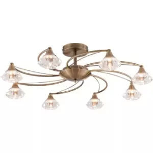 8 Light Semi-Flush Ceiling Light, Antique Brass Finish, Clear Glass Shades