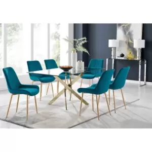 Furniture Box Leonardo 6 Gold Dining Table and 6 Blue Pesaro Gold Leg Chairs