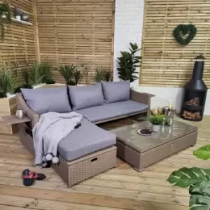 Samuel Alexander 6 Seater 4PC Brown Rattan Chair Garden Sofa Set Daybed With Glass Table Coffee Top Includes Modular Design Rattan Furniture With