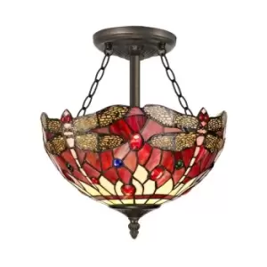 Luminosa Lighting - 3 Light Semi Flush Ceiling E27 With 30cm Tiffany Shade, Purple, Pink, Crystal, Aged Antique Brass