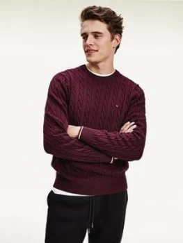 Tommy Hilfiger Organic Cotton Cable Knitted Jumper - Burgundy, Size XL, Men