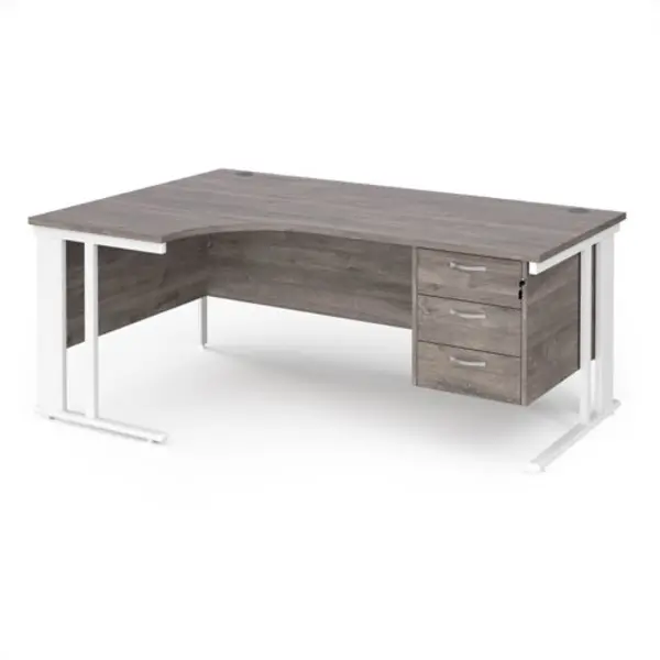 Maestro 25 left hand ergonomic desk 1800mm wide with 3 drawer pedestal - white cable managed leg frame, grey oak top