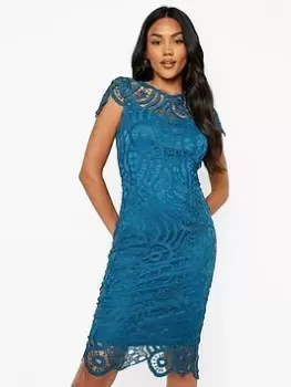 Boohoo Lace Sleeve Midi Dress - Teal, Green, Size 10, Women