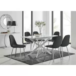 Lira 120 Extending Dining Table and 6 Black Corona Faux Leather Dining Chairs with Silver Legs Diamond Stitch - Black