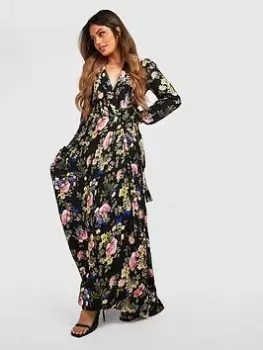 Boohoo Floral Wrap Belted Maxi Dress - Black, Size 10, Women