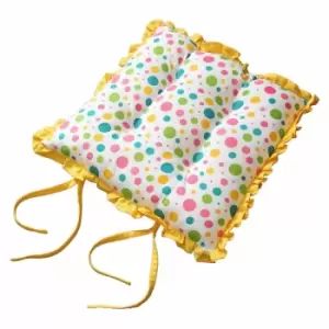 Reversible Yellow Frilled Cushion Seat Pad with Ties Polka Dots Multi - Homescapes