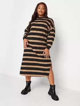 Yours Oversized Long Sleeve T-Shirt Jumbo Stripe Dress With Cuff - Natural/Black, Natural, Size 16, Women