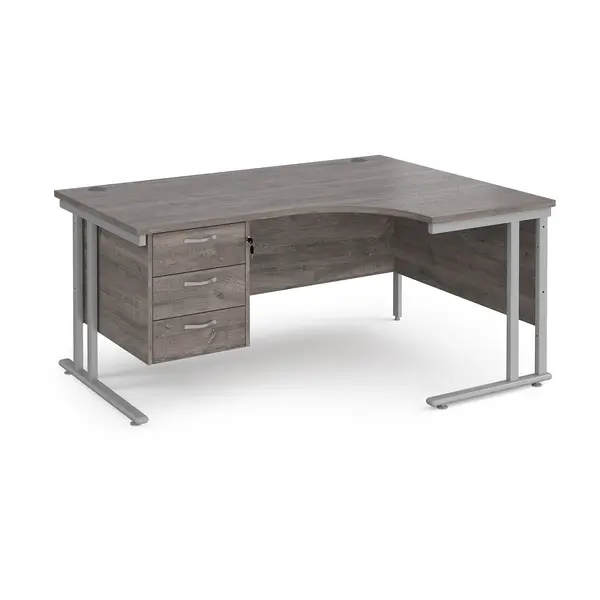 Maestro 25 right hand ergonomic desk 1600mm wide with 3 drawer pedestal - silver cantilever leg frame, grey oak top