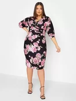 Yours Curve Pleat Drop Shoudler Floral Wrap Dress, Black, Size 24, Women