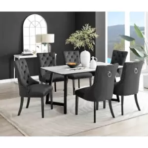 Furniture Box Carson White Marble Effect Dining Table and 6 Black Belgravia Black Leg Chairs