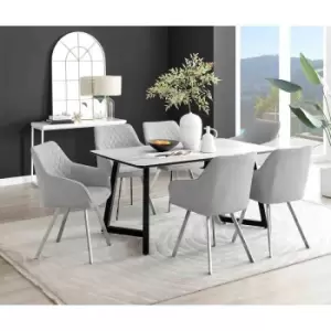 Furniture Box Carson White Marble Effect Dining Table and 6 Light Grey Falun Silver Leg Chairs