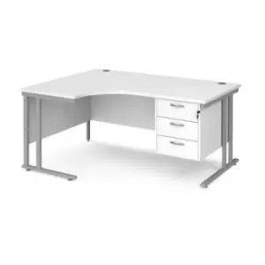 Office Desk Left Hand Corner Desk 1600mm With Pedestal White Top With Silver Frame 1200mm Depth Maestro 25 MC16ELP3SWH