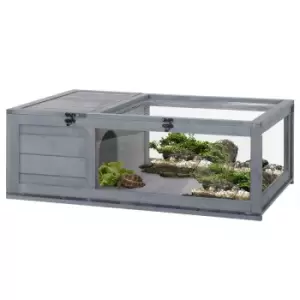 PawHut Tortoise House w/ Mesh Roof, Small Pet Reptile Wooden House - Grey