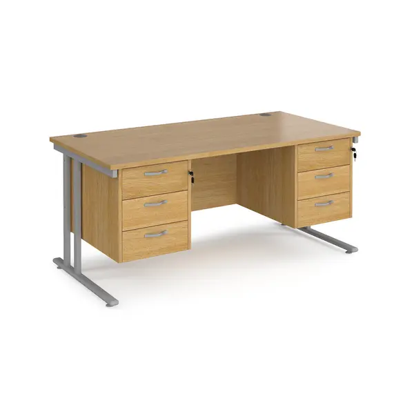 Maestro 25 Oak Straight Office Desk with Two x 3 Drawer Pedestal and Silver Cantilever Leg Frame - 1600mm x 800mm