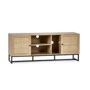 Large Oak TV Unit with Rattan Drawers - Padstow