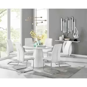 Furniture Box Palma White High Gloss Round Dining Table and 6 White Lorenzo Chairs