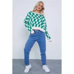 I Saw It First Green Petite Check Print Crew Neck Oversized Knitted Jumper - Green