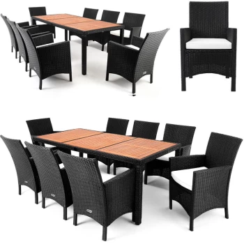 Poly Rattan Seating Area Palermo 8 Wide Chairs 7cm Pads Garden table 190x90cm Acacia Wood Outdoor Furniture Set Black - Casaria