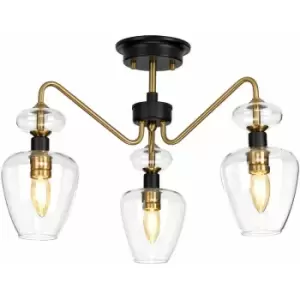 Loops - 3 Bulb Semi Flush Light Aged Brass Finish Charcoal Black Paint LED E14 40W