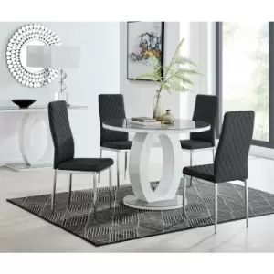 Giovani Grey White High Gloss And Glass 100cm Round Dining Table And 4 Black Milan Chairs Set - Black