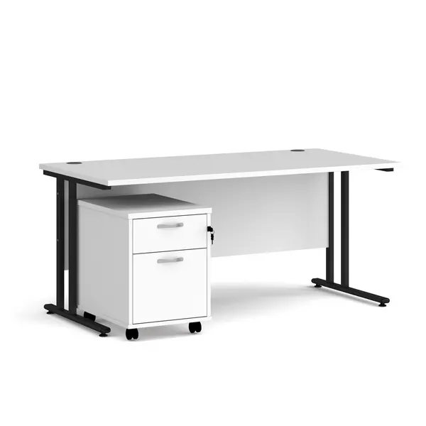 Maestro 25 Straight Desk with Black Cantilever Frame and 2 Drawer Pedestal - White - 1600mm x 800mm