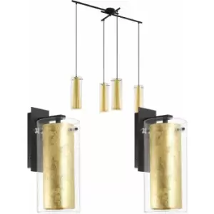 4 Bulb Ceiling Pendant & 2x Matching Wall Lights Clear Glass & Gold Chandelier