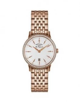 Rotary Rotary Silver Sunray Crystal Set Date Dial Rose Gold Stainless Steel Bracelet Ladies Watch